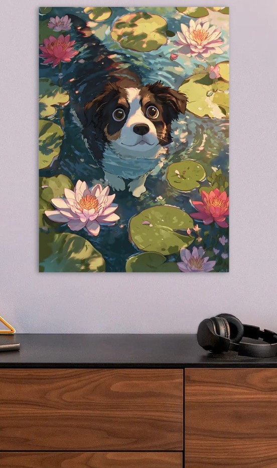 Dog in Lily Pond Illustration — metal poster wall art by Lineer